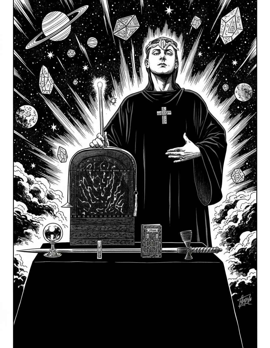 Black and white Aleister Crowley inspired occult magician standing behind a ritual altar with ceremonial tools, illustrated in 1980s Heavy Metal comic style for an article on how to study Aleister Crowley in the 21st century.